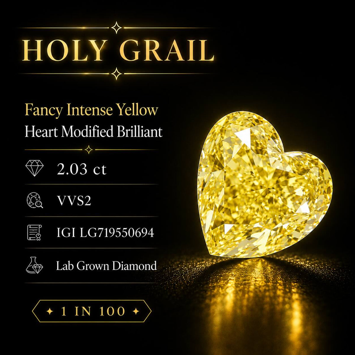 2.03ct Heart Modified Brilliant Fancy Intense Yellow VVS2 Diamond (IGI report)