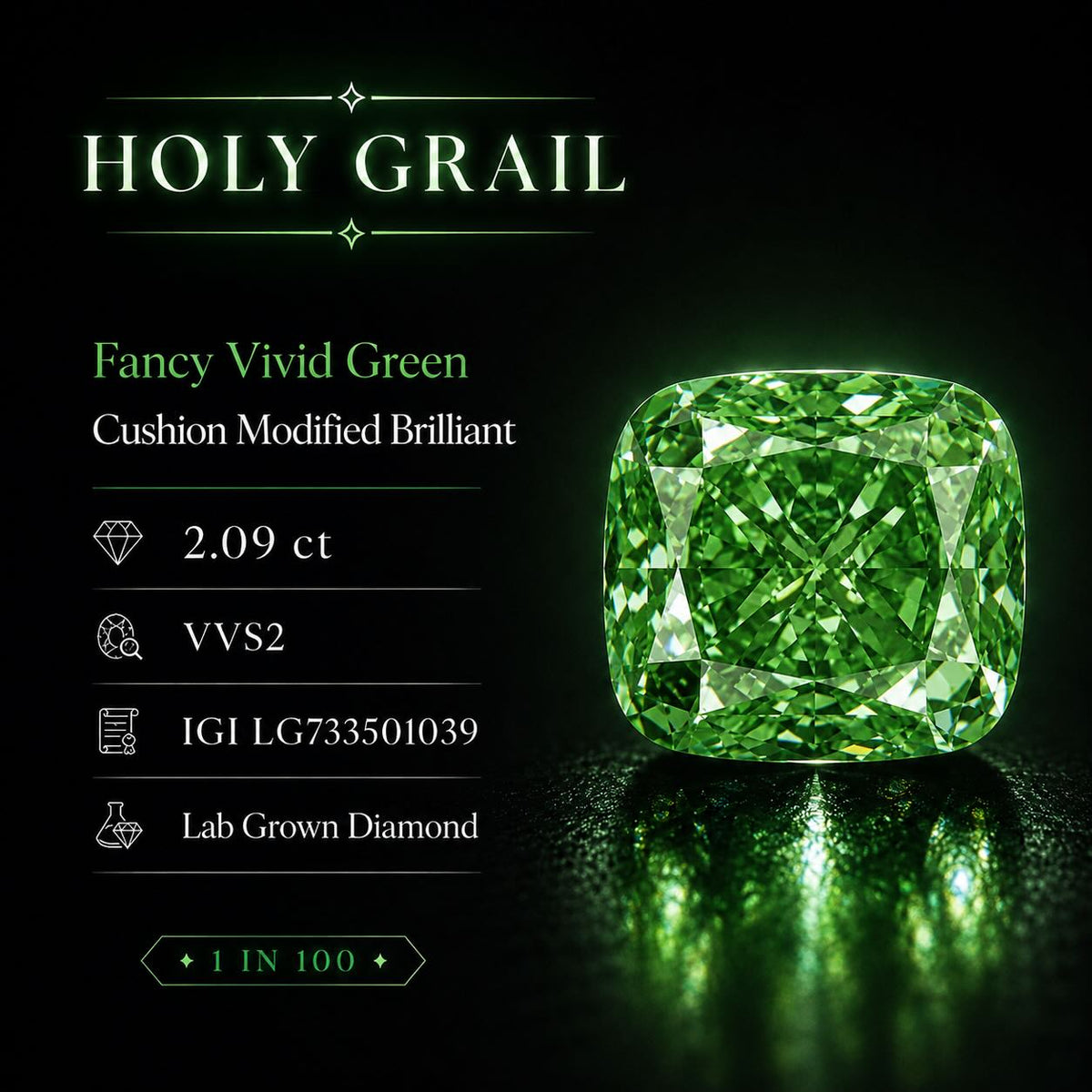 2.09ct Cushion Modified Fancy Vivid Green VVS2 Diamond (IGI report)