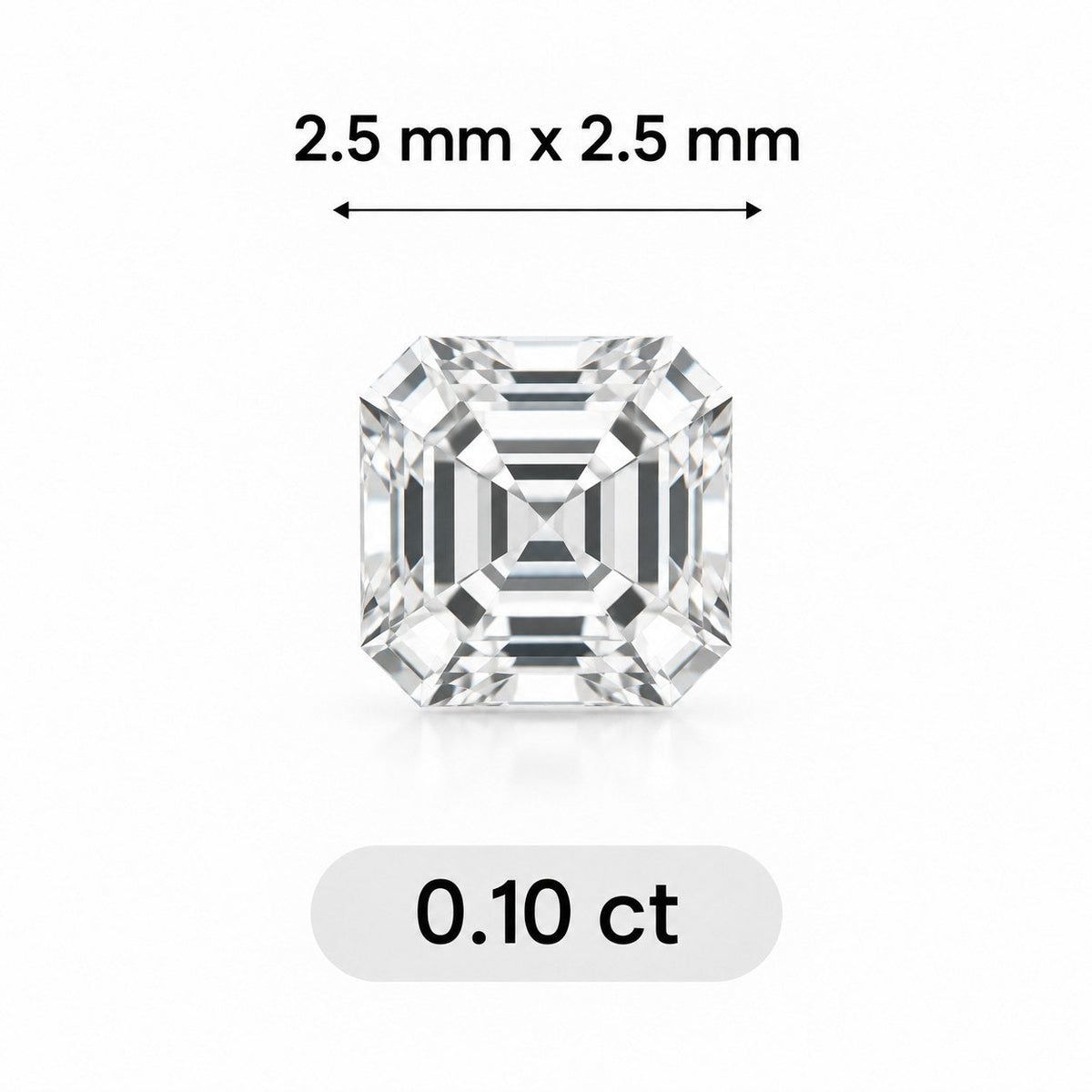0.10ct Asscher cut lab grown diamond size comparison