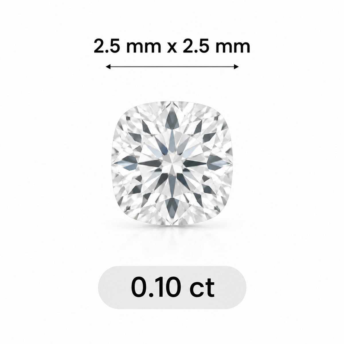 0.10ct Cushion cut lab grown diamond size comparison