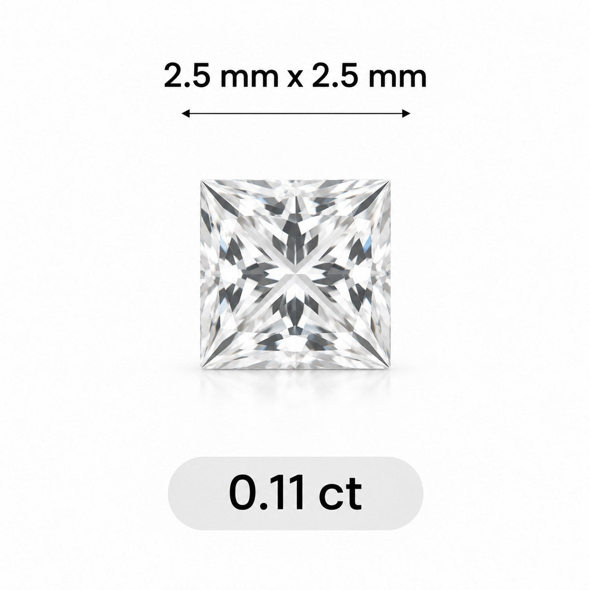 0.11ct Princess cut lab grown diamond size comparison