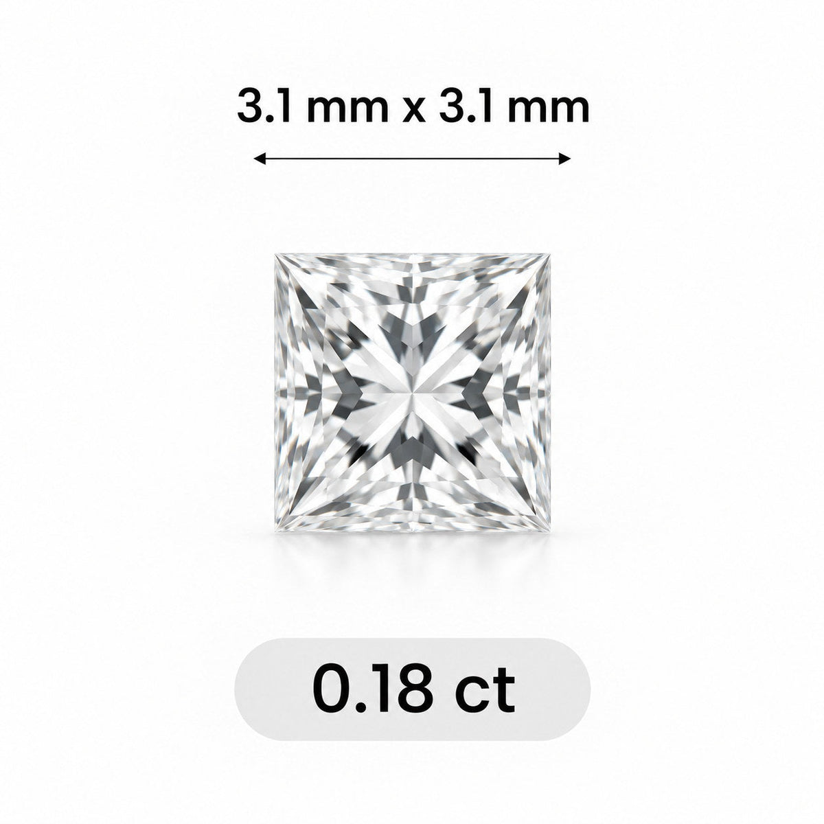 0.18ct Princess cut lab grown diamond size comparison