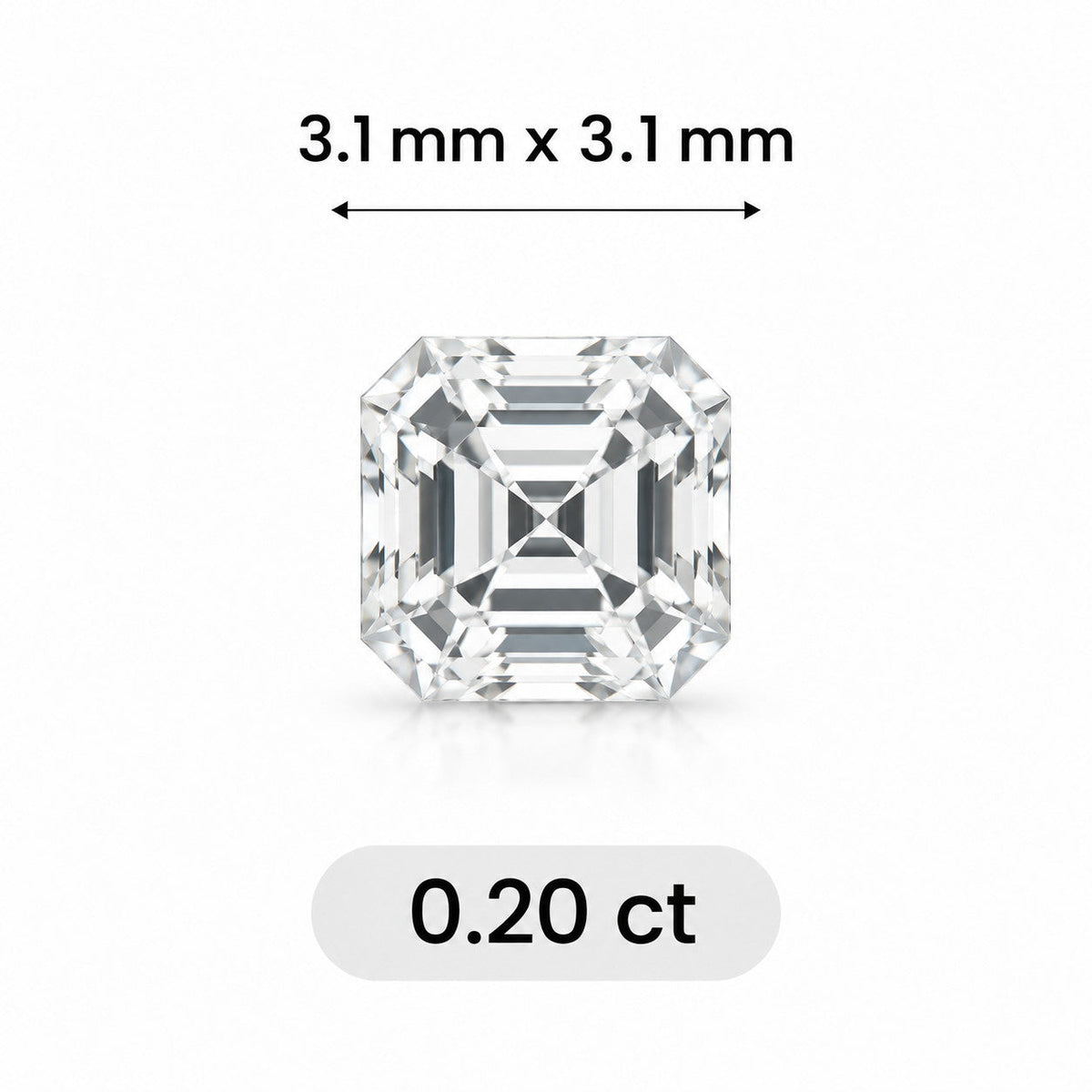 0.20ct Asscher cut lab grown diamond size comparison