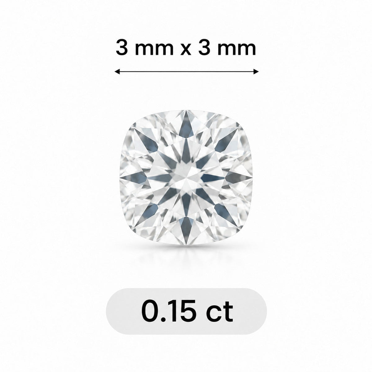 0.15ct Cushion cut lab grown diamond size comparison
