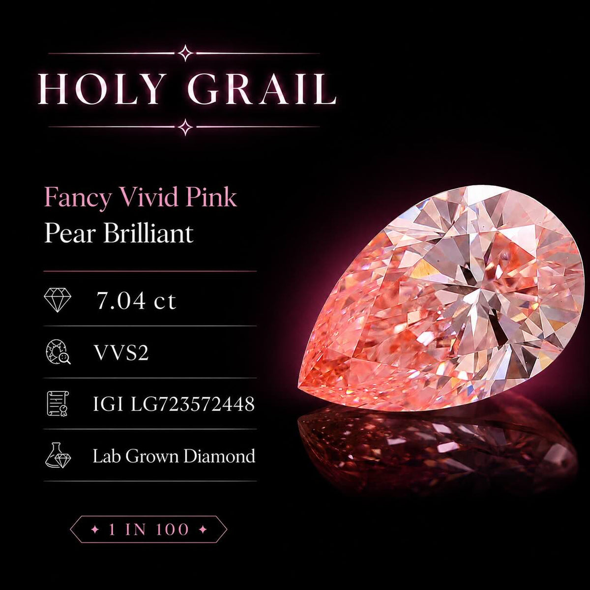 7.04ct Fancy Vivid Pink VVS 2 Pear Cut Lab Diamond
